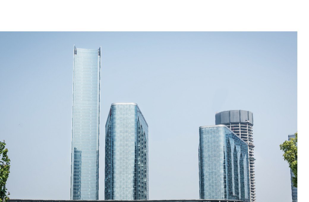 Modern glass office towers of the PIB headquarters in Shandong, China