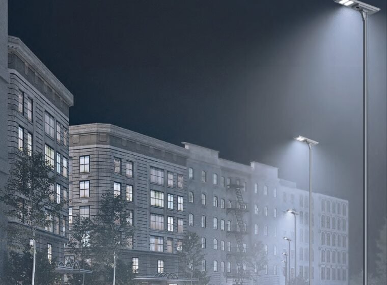 Car park and road illuminated by LED area lights at night
