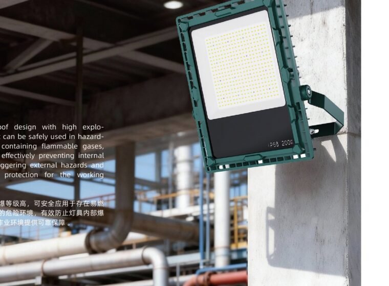 Industrial production hall with LED lighting on the plant wall
